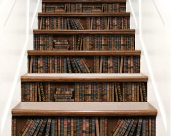 Books Stair Riser Decals, Staircase Decals, Vintage Books Vinyl Peel & Stick Stair Riser Stickers, Stairway Decals Strips for Stairs Decor