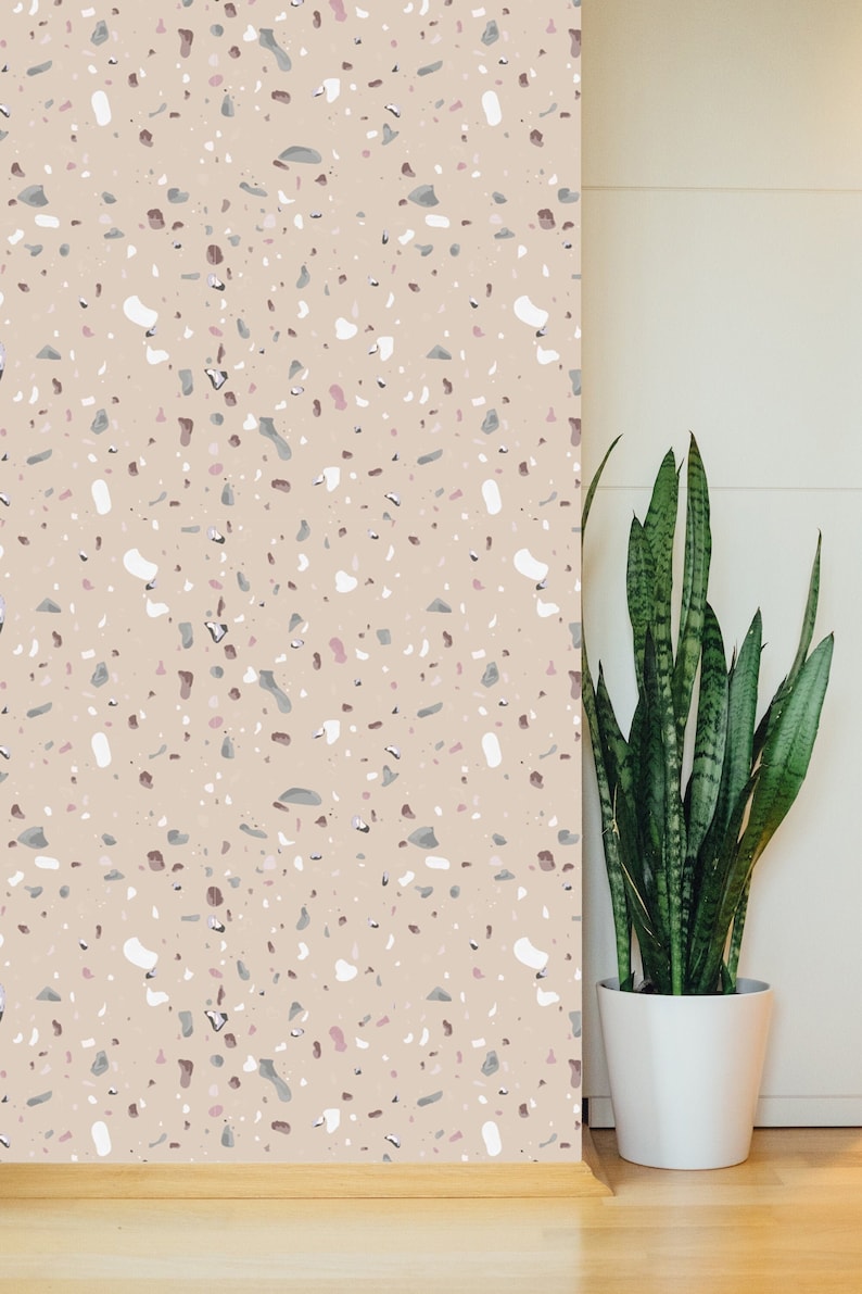 Puede incluir: Una pared beige con un papel tapiz de patr&oacute;n terrazo. Una planta serpiente en maceta est&aacute; en primer plano.