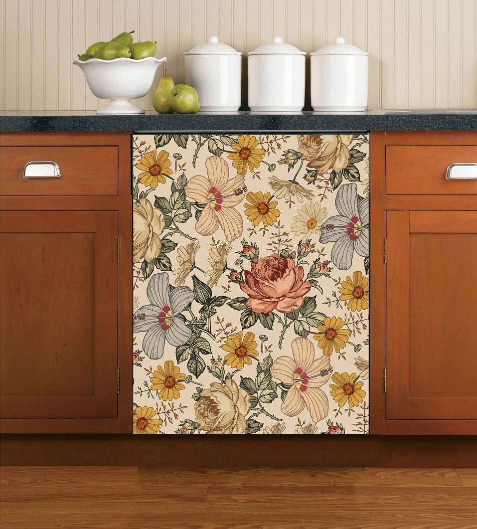 Dishwasher Magnet Cover Vintage Floral, Retro Flowers Kitchen Dishwasher Cover Magnetic Decal Vinyl