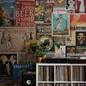 Puede incluir: Una estanter&iacute;a blanca con seis estantes llenos de discos de vinilo. La estanter&iacute;a est&aacute; delante de una pared cubierta de anuncios vintage de cerveza. Los anuncios presentan im&aacute;genes de personas bebiendo cerveza, as&iacute; como texto que promociona diferentes marcas de cerveza.