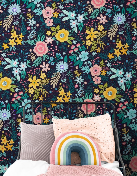 Navy Blue Floral Removable Wallpaper for Girls Bedroom Peel & Stick, Cute Flower Wallpaper Vinyl Nursery Kids Room, Self Adhesive Wall Mural