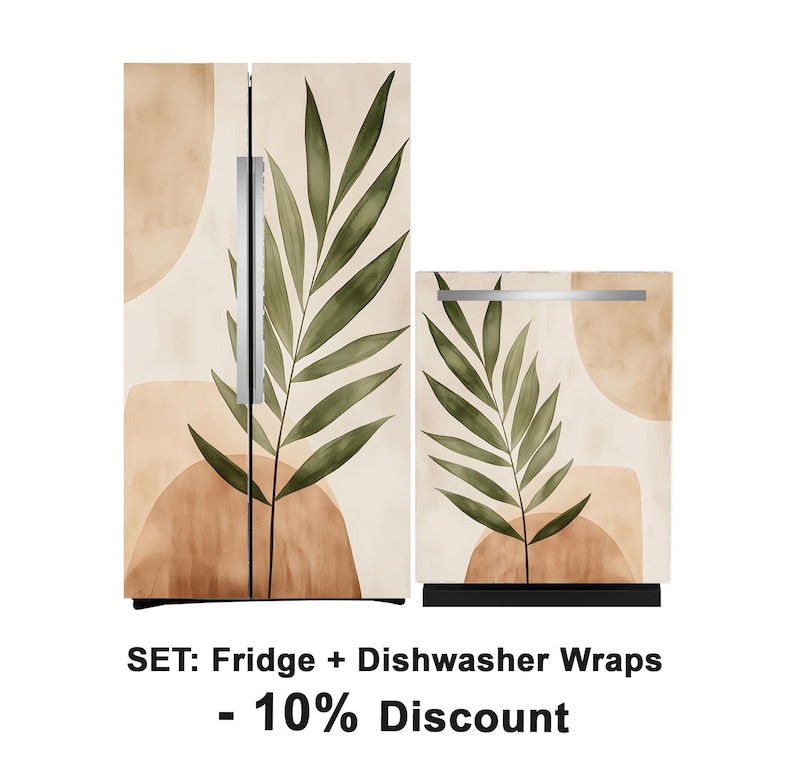 Puede incluir: Un conjunto de dos envolturas para refrigerador y lavavajillas con un dise&ntilde;o abstracto moderno con una hoja verde y formas de acuarela marr&oacute;n sobre un fondo crema. El texto "SET: Fridge + Dishwasher Wraps - 10% Discount" est&aacute; en la parte inferior de la imagen.
