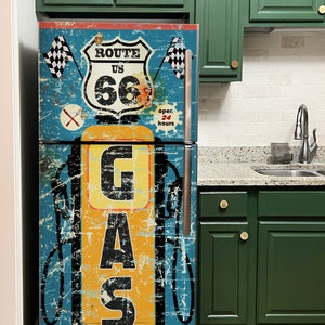 Retro Gas Pump Refrigerator Wrap, Vintage Fridge Wrap Sign Gas Pump Garage Fridge Vinyl Decal Side by Side, Man Cave Refrigerator Skin Mural