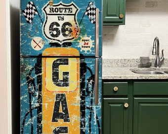 Retro Gas Pump Refrigerator Wrap, Vintage Fridge Wrap Sign Gas Pump Garage Fridge Vinyl Decal Side by Side, Man Cave Refrigerator Skin Mural