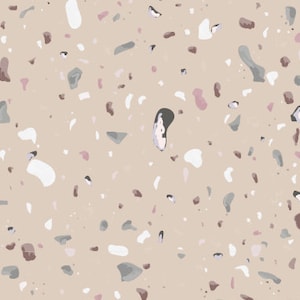 Puede incluir: Un patr&oacute;n sin costuras que presenta un fondo beige con formas irregulares blancas, grises y rosas dispersas. Las formas se asemejan a peque&ntilde;as piedras o virutas, creando un dise&ntilde;o tipo terrazo.