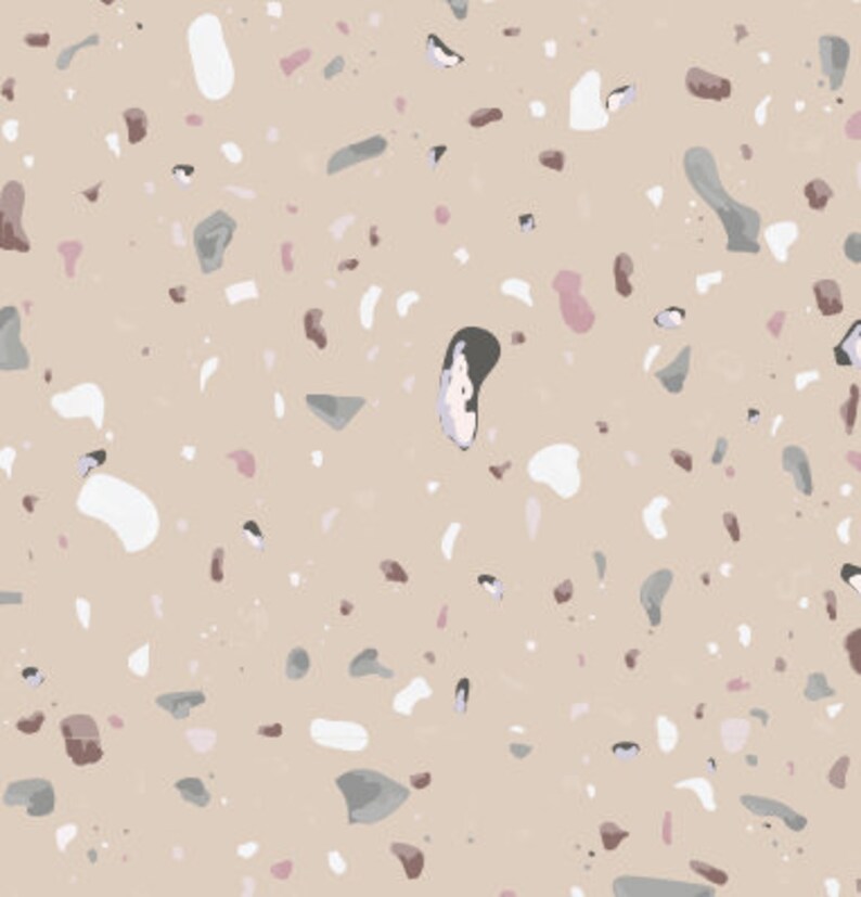 Puede incluir: Un patr&oacute;n sin costuras que presenta un fondo beige con formas irregulares blancas, grises y rosas dispersas. Las formas se asemejan a peque&ntilde;as piedras o virutas, creando un dise&ntilde;o tipo terrazo.
