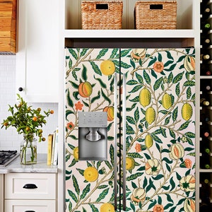 Refrigerator Wrap Vintage William Morris Lemons, Retro Fridge Wrap Vinyl Side by Side, Decorative Fridge Decals Self Adhesive, Kitchen Decor