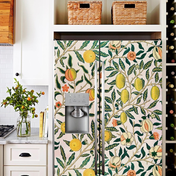 Frigorifero Wrap Vintage William Morris Lemons, Retro Frigo Wrap Vinile Side by Side, Decalcomanie Frigo Decorativo Autoadesivo, Arredamento Cucina