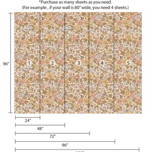 May include: A floral wallpaper pattern with a beige background and pink, yellow, and white flowers. The wallpaper is divided into five sections, each measuring 24 inches wide and 96 inches tall. The image includes instructions for purchasing the wallpaper, stating that you should purchase as many sheets as you need. For example, if your wall is 80 inches wide, you need 4 sheets.