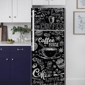 Fridge Wrap Coffee Black & White Refrigerator Wrap Black Fridge Vinyl Decal French Door Top Bottom Fridge Skin Coffee Kitchen Decor