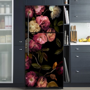 Floral Fridge Wrap Vintage Refrigerator Wrap Vinyl Side by Side Black ...