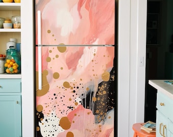 Abstract Art Fridge Wrap, Pink Gold Black Refrigerator Decal, Modern Kitchen Vinyl Appliance Decor