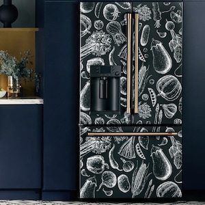 Kühlschrankfolie Veggies Black & White, Kühlschrankverpackung Lebensmittel, Kühlschrank-Vinylaufkleber Side by Side Gefrierschrank, Skin Kitchen Decor
