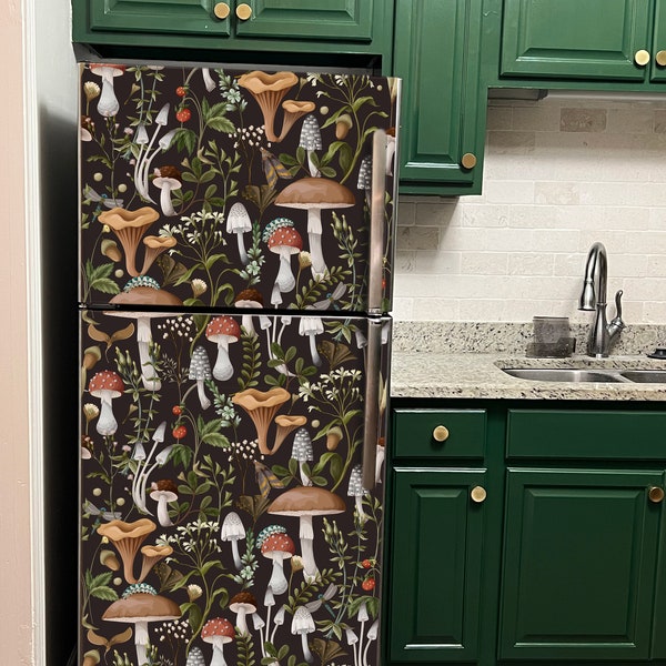 Fridge Wrap Vintage Mushrooms Dark Green Refrigerator Wrap Vinyl Side by Side Top Bottom Fridge Decals Botanical Kitchen Appliances Decor