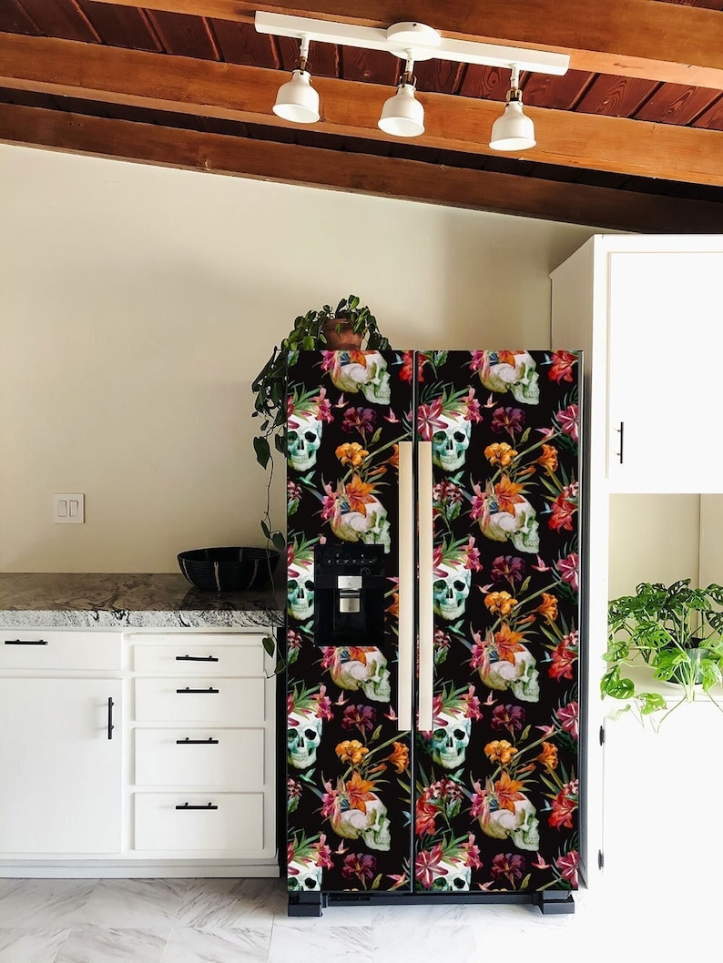 Gothic Refrigerator Wrap Side by Side, Vinyl Skull Black Tropical Fridge Wrap Decal Freezer Bottom Fridge Cover Dark Kitchen Decor Removable