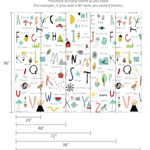 May include: A colorful alphabet chart with illustrations for each letter. The chart is divided into 6 sections, each measuring 24 inches wide. The chart is 96 inches tall. The chart is printed on white paper with black outlines and colorful illustrations.