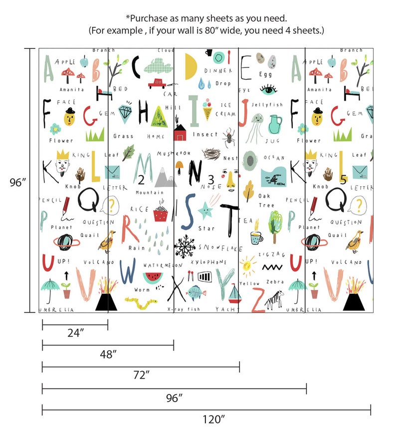 May include: A colorful alphabet chart with illustrations for each letter. The chart is divided into 6 sections, each measuring 24 inches wide. The chart is 96 inches tall. The chart is printed on white paper with black outlines and colorful illustrations.