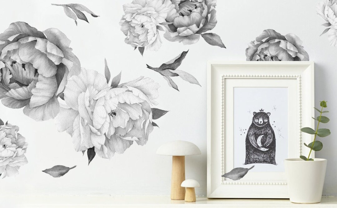 Peony Wall Decals Black and White, Floral Wall Decals, Watercolor
