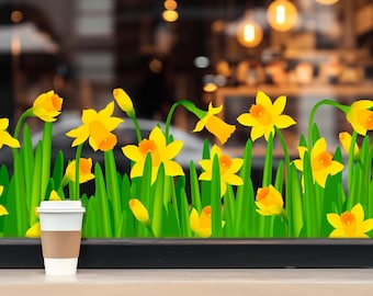 Spring Flower Window Decal, Daffodils Window Stickers Decoration, Сoffee Shop Retail Window Display Decor, Commerce Cafe Window Easter Cling