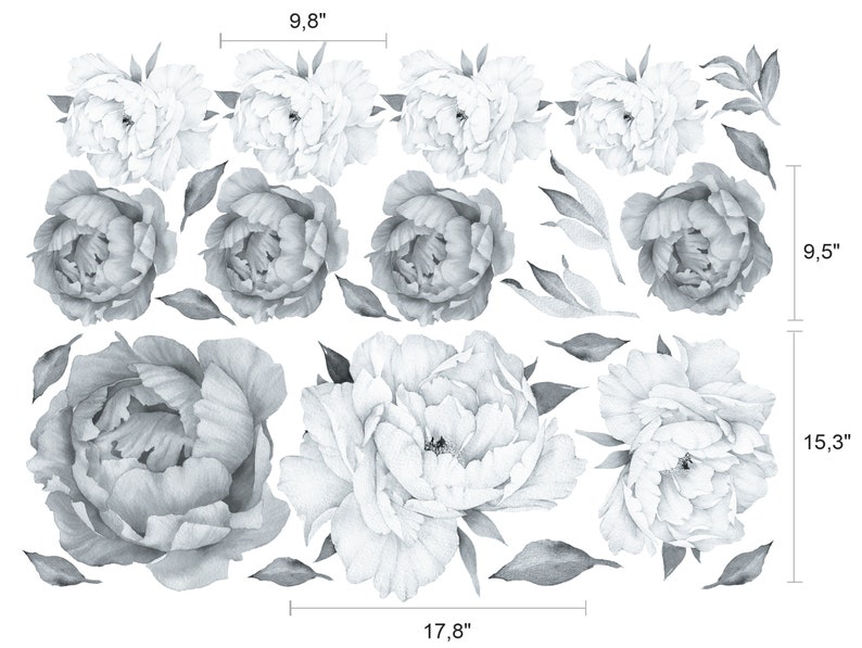 Peony Wall Decals Black and White Floral Wall Decals Etsy