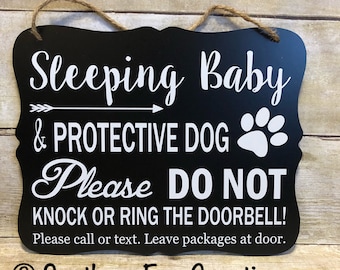 Sleeping Baby & Protective Dog Door Hanger/Sign/ Baby Gift/ Do not Disturb Sign/ No Soliciting Sign/ Do not Knock Sign