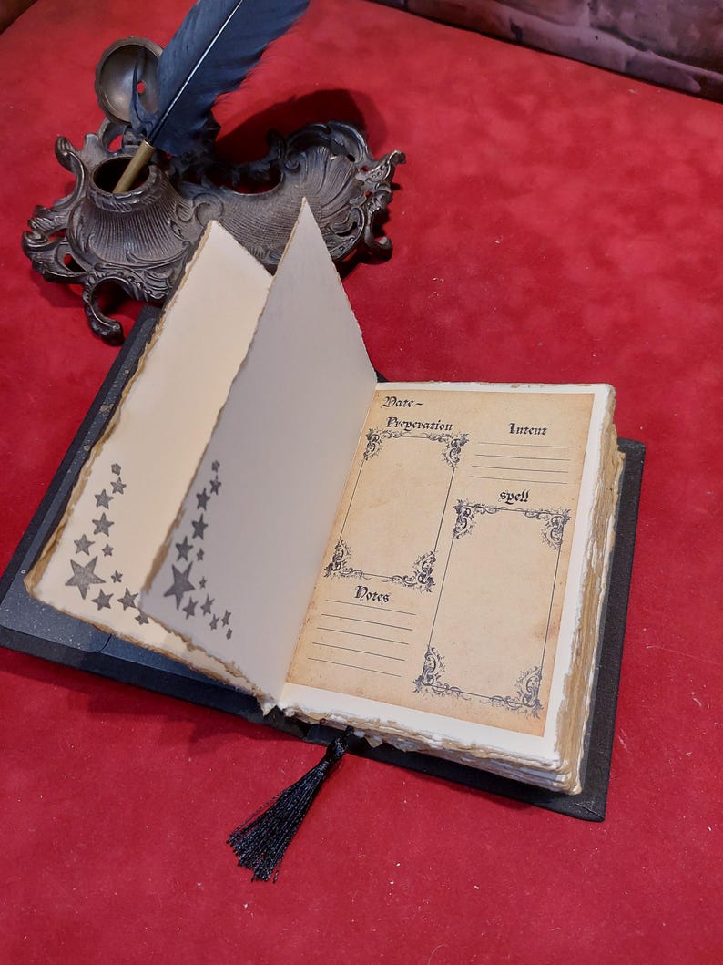 May include: An open, antique-style journal with aged paper pages. The pages feature star and floral designs, and handwritten text. A black tassel hangs from the spine. An ornate inkwell with a feather quill sits in the background.