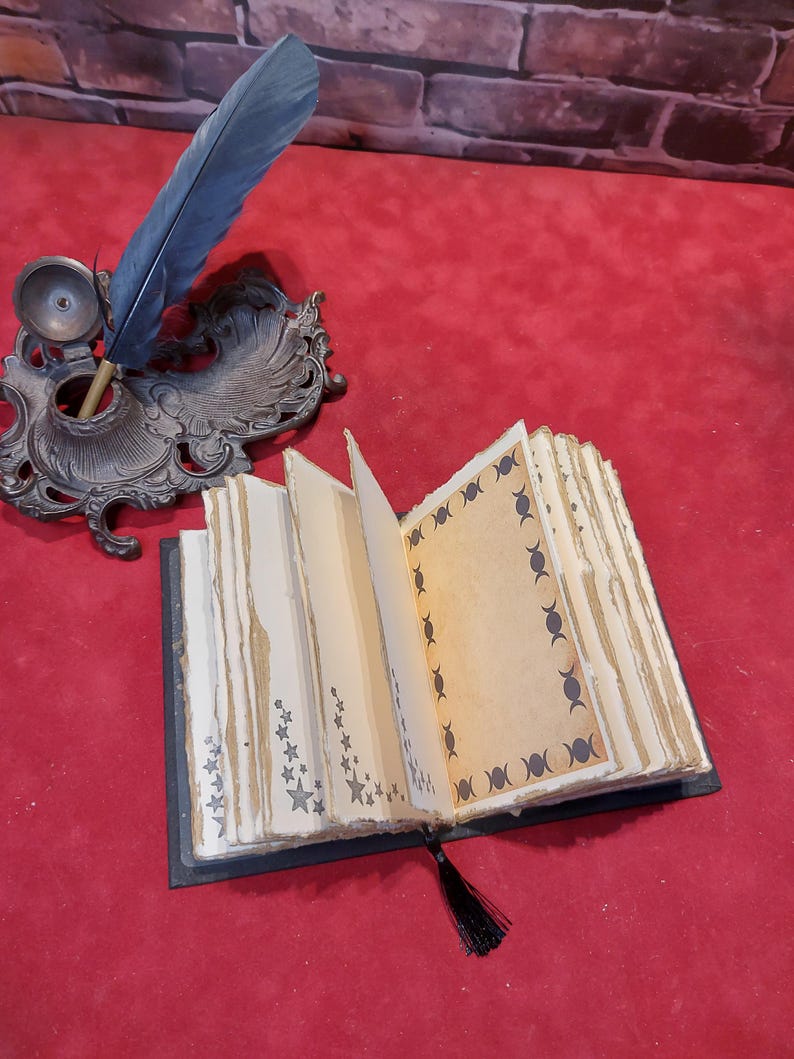 May include: An open, handmade journal with star and crescent moon designs on the pages. A black tassel bookmark hangs from the book. A blue feather quill pen rests in an ornate inkwell.