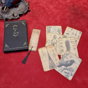May include: A collection of fantasy-themed items on a red surface. Includes a black book titled "Book of Spells", a bookmark with a black tassel, and several aged-looking cards with botanical and crow illustrations. A quill and inkwell are in the background.
