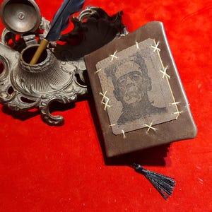 May include: A brown leather journal with a stitched-on image of Frankenstein's monster. The journal has a black tassel and is next to an ornate inkwell with a feather quill. The background is a solid red.
