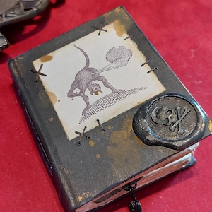Puede incluir: Un pequeño libro artesanal con una cubierta negra y una ilustración decorativa de una criatura. El libro presenta un sello de calavera y huesos cruzados y una borla negra. Los bordes de las páginas están envejecidos, dándole un aspecto vintage.