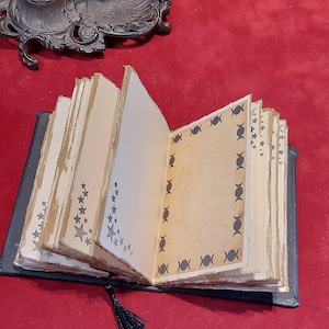 Puede incluir: Un diario abierto de estilo antiguo con p&aacute;ginas de papel envejecido. Las p&aacute;ginas presentan dise&ntilde;os de estrellas y medias lunas. Una borla negra cuelga de la columna vertebral. Un tintero adornado con una pluma se encuentra en el fondo. El diario est&aacute; sobre una superficie roja.
