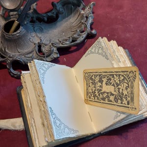 Puede incluir: Un diario antiguo abierto con una cubierta negra y p&aacute;ginas envejecidas. El diario est&aacute; decorado con dise&ntilde;os ornamentados y un marcap&aacute;ginas con una ilustraci&oacute;n en blanco y negro de un ciervo en un patr&oacute;n floral.