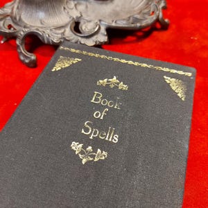 May include: A black book titled "Book of Spells" with gold lettering and decorative accents. An ornate, antique inkwell and quill are in the background. The objects are set against a red background.