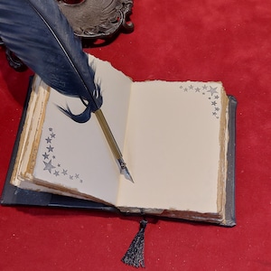 Puede incluir: Un diario abierto con dise&ntilde;os de estrellas, una borla negra y una pluma con una pluma azul oscuro. El diario est&aacute; sobre una superficie roja, con una pieza de metal decorativa en el fondo.