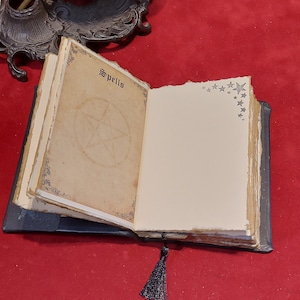 Puede incluir: Un libro abierto de estilo antiguo con la palabra "Spells" en la p&aacute;gina superior. Las p&aacute;ginas est&aacute;n envejecidas con ilustraciones de pentagramas y estrellas. Una borla negra cuelga del lomo. El libro est&aacute; sobre una superficie roja.