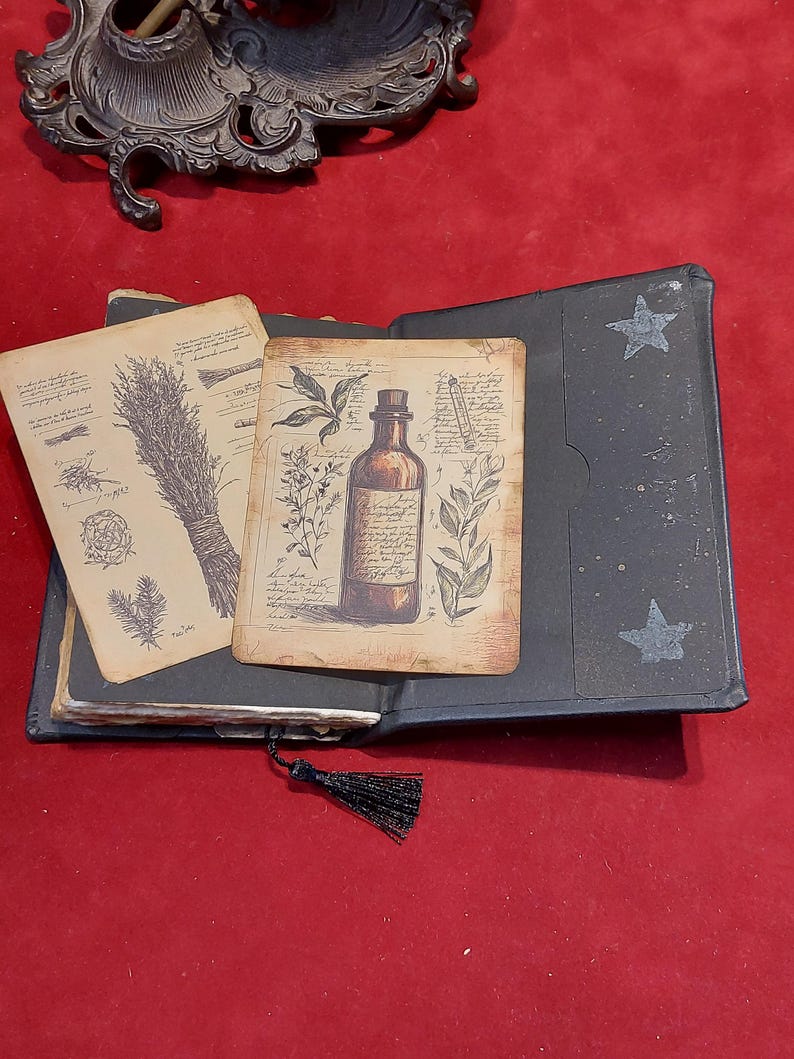 Puede incluir: Un libro azul oscuro abierto con dise&ntilde;os de estrellas y un marcap&aacute;ginas de borla negra. En el interior, ilustraciones bot&aacute;nicas de estilo vintage sobre papel envejecido, incluyendo una botella, hierbas y notas manuscritas. El libro descansa sobre una superficie roja.