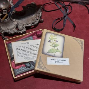 May include: A decorative gift box with a botanical illustration of a plant labeled "Deadly Nightshade." The box is open, revealing a card with a poem and a book. An antique inkwell and feather are in the background.