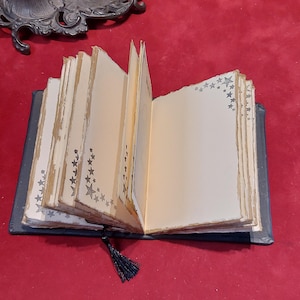 Puede incluir: Un diario abierto de estilo antiguo con p&aacute;ginas crema envejecidas y adornos en forma de estrella. El diario tiene una cubierta azul oscuro y un marcap&aacute;ginas de borla negra. Un tintero y una pluma decorativos son visibles en el fondo.