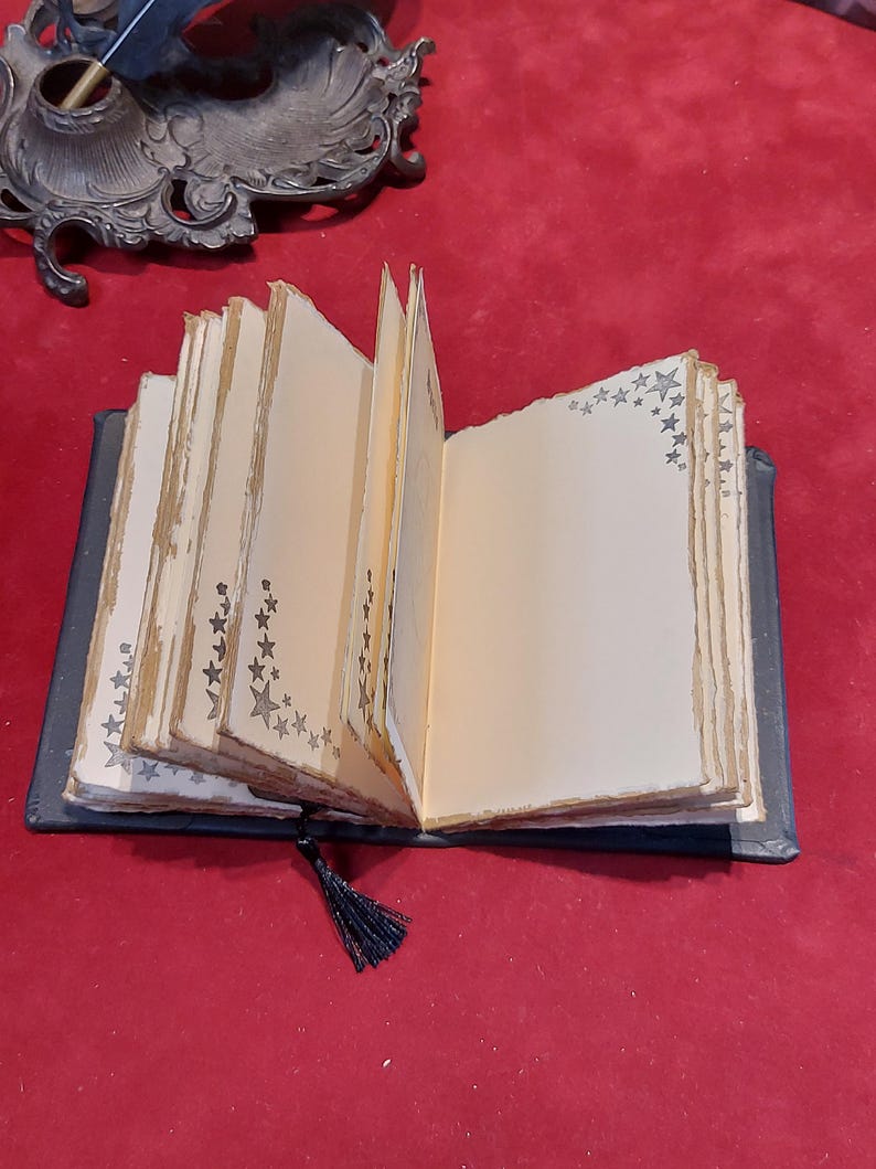 Puede incluir: Un diario abierto de estilo antiguo con p&aacute;ginas crema envejecidas y adornos en forma de estrella. El diario tiene una cubierta azul oscuro y un marcap&aacute;ginas de borla negra. Un tintero y una pluma decorativos son visibles en el fondo.