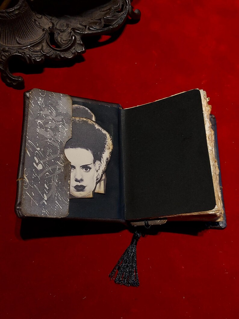 May include: An open, antique-style book with a black interior and a black tassel bookmark. A black and white image of a woman's face is visible on the left page. The book is on a red surface.