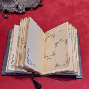 Puede incluir: Un libro abierto de estilo antiguo con p&aacute;ginas envejecidas de color crema. Las p&aacute;ginas est&aacute;n decoradas con dise&ntilde;os de estrellas y flores. El libro tiene una cubierta negra y una borla negra. El texto en las p&aacute;ginas incluye las palabras "Date", "Preparation", "Intent", "Spell" y "Notes".