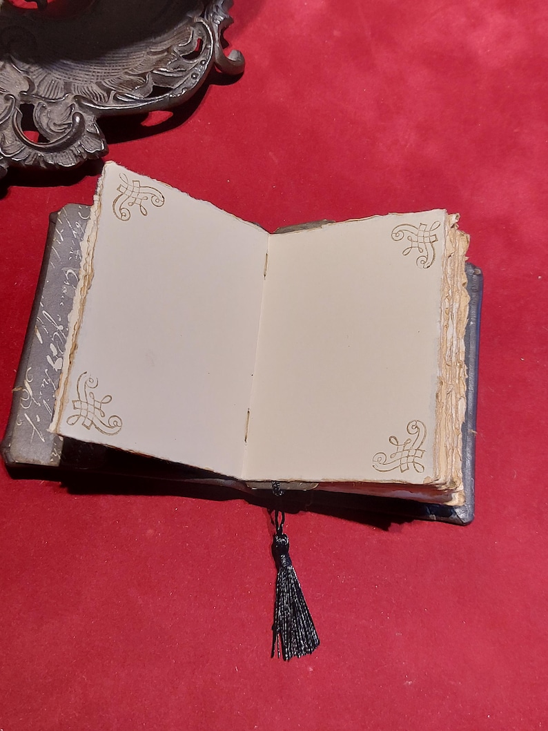 May include: An open, antique-style journal with blank, off-white pages. The journal has a dark blue cover and a black tassel. Decorative gold filigree accents the corners of the pages. The journal is on a red surface.