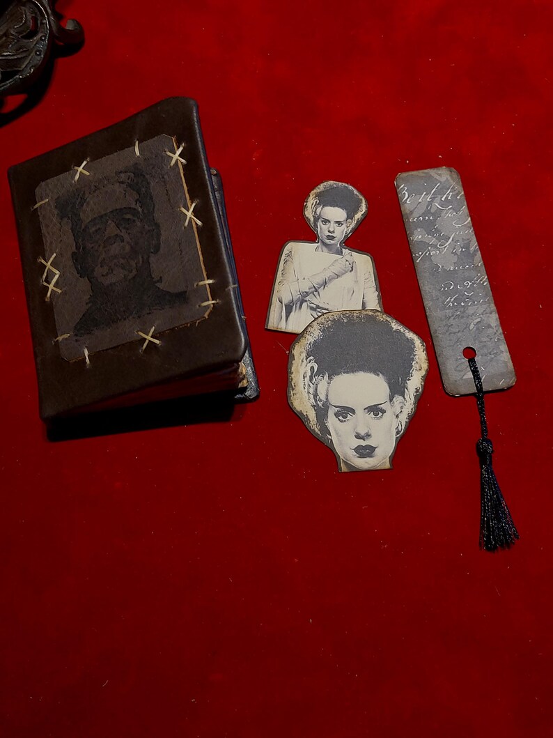 May include: A dark brown book with a Frankenstein image and stitched accents, alongside two Bride of Frankenstein cutouts and a bookmark with a black tassel. The items are arranged on a red surface.