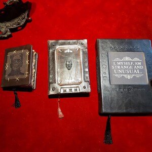 May include: Three decorative, antique-style books with unique covers and tassels. One features a Frankenstein portrait, another a devil face, and the third has the quote, "I, MYSELF, AM STRANGE AND UNUSUAL." The books are on a red surface.