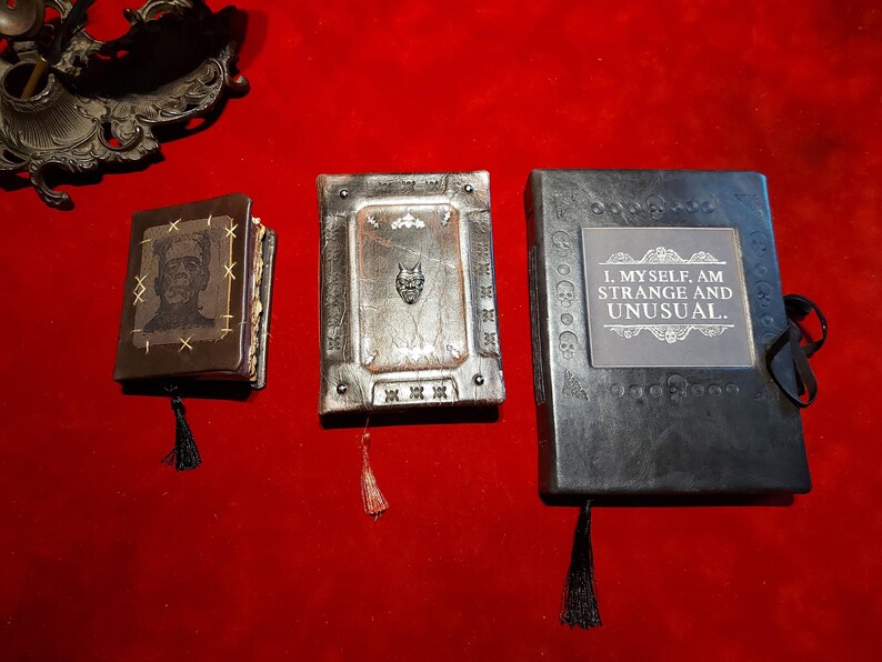 May include: Three decorative, antique-style books with unique covers and tassels. One features a Frankenstein portrait, another a devil face, and the third has the quote, "I, MYSELF, AM STRANGE AND UNUSUAL." The books are on a red surface.