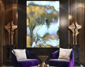 Large Abstract Canvas Art – White and Gold 'Bohemian Summer' Painting by Julia Apostolova