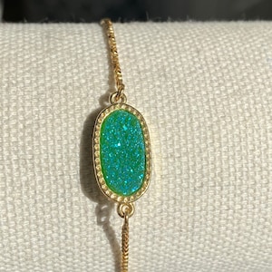 Healing Blue Green Druzy Adjustable Slide Gold Plated Bracelet