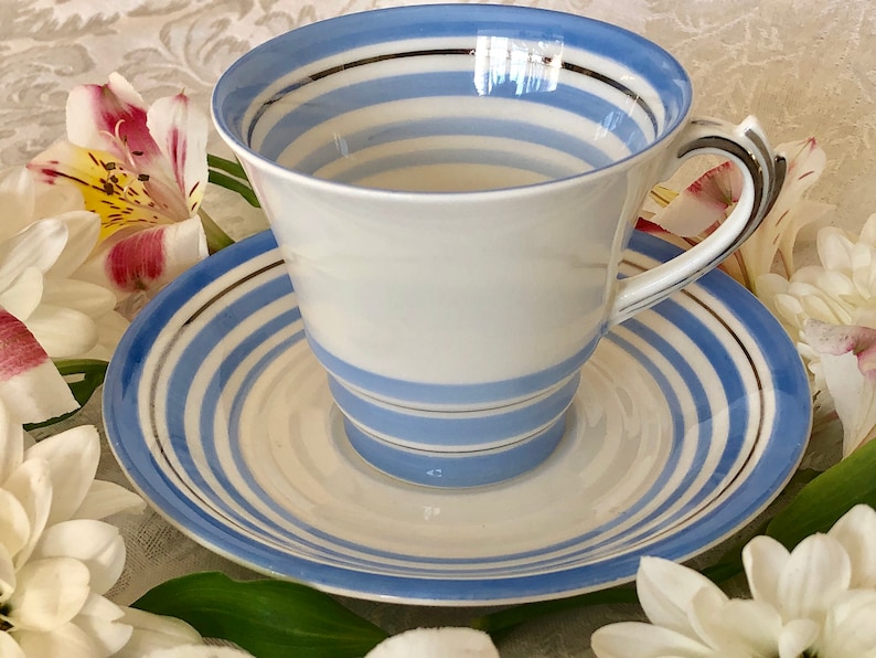 Blue and White Stripe Tea Cup and Saucer by Roslyn China Etsy