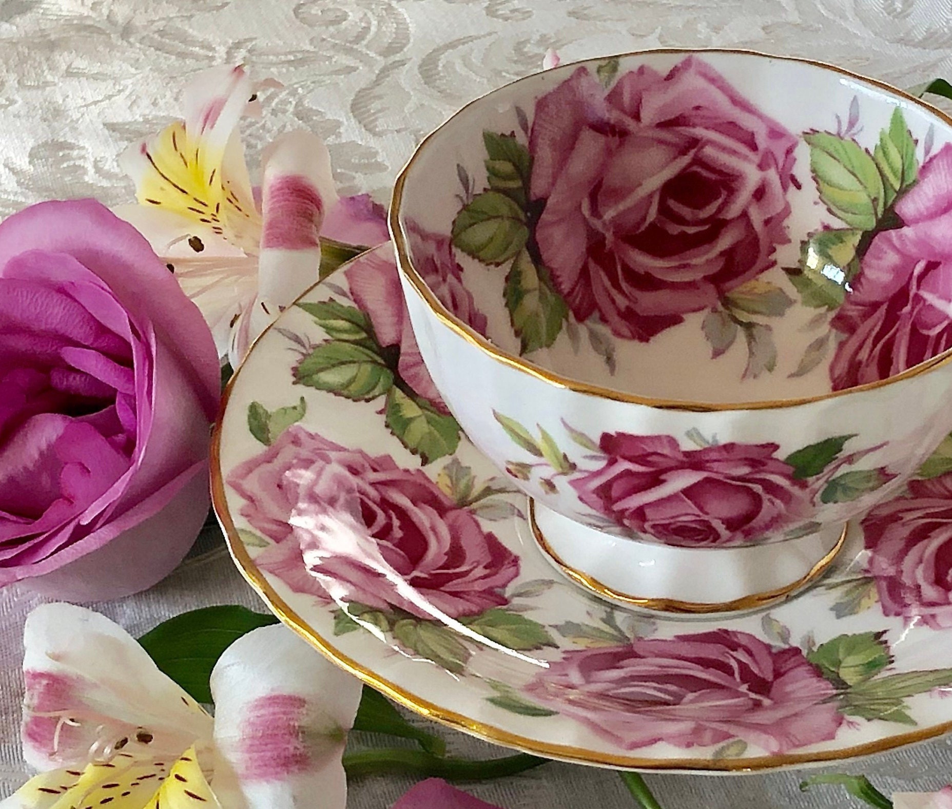 Pink Cabbage Roses By Aynsley Tea Cup And Saucer Oban Shape Etsy 