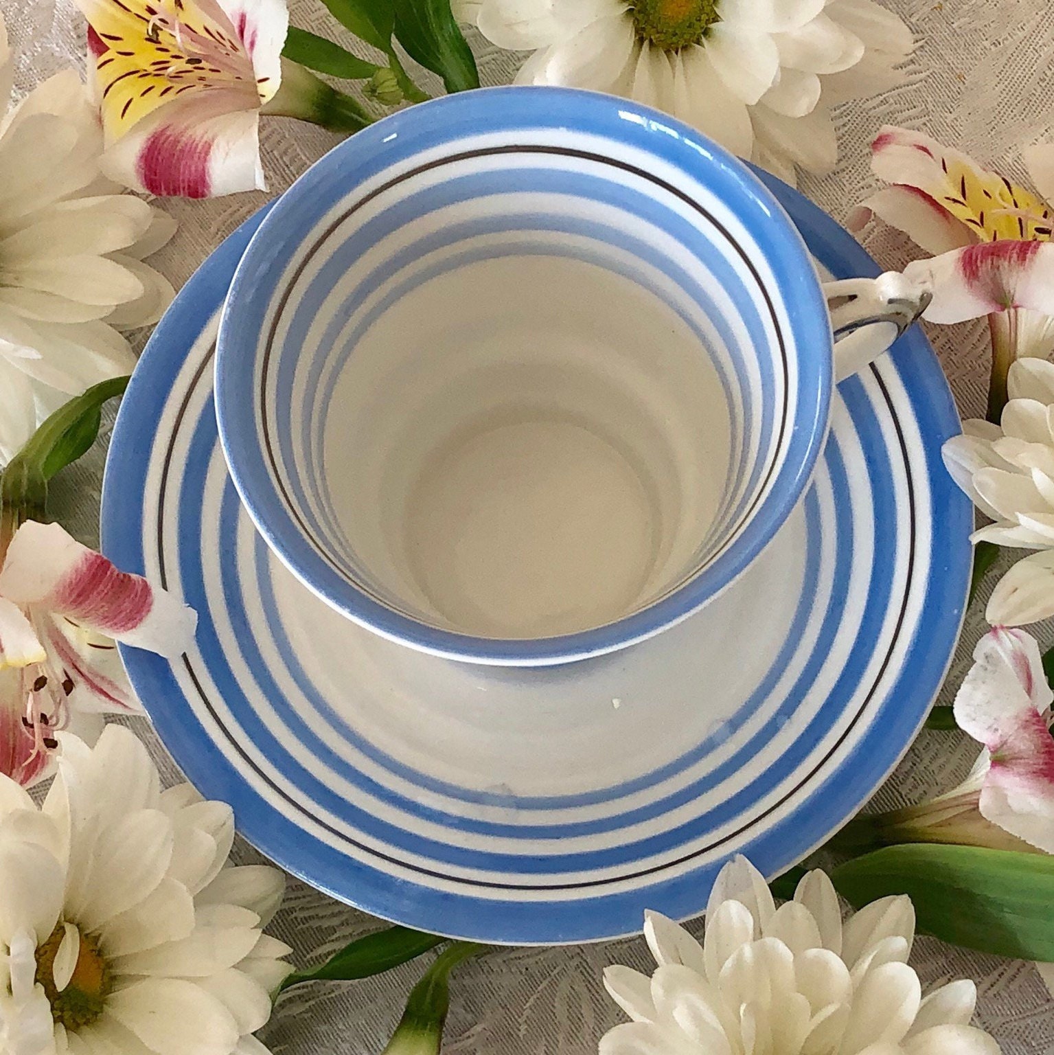 Blue and White Stripe Tea Cup and Saucer by Roslyn China Etsy